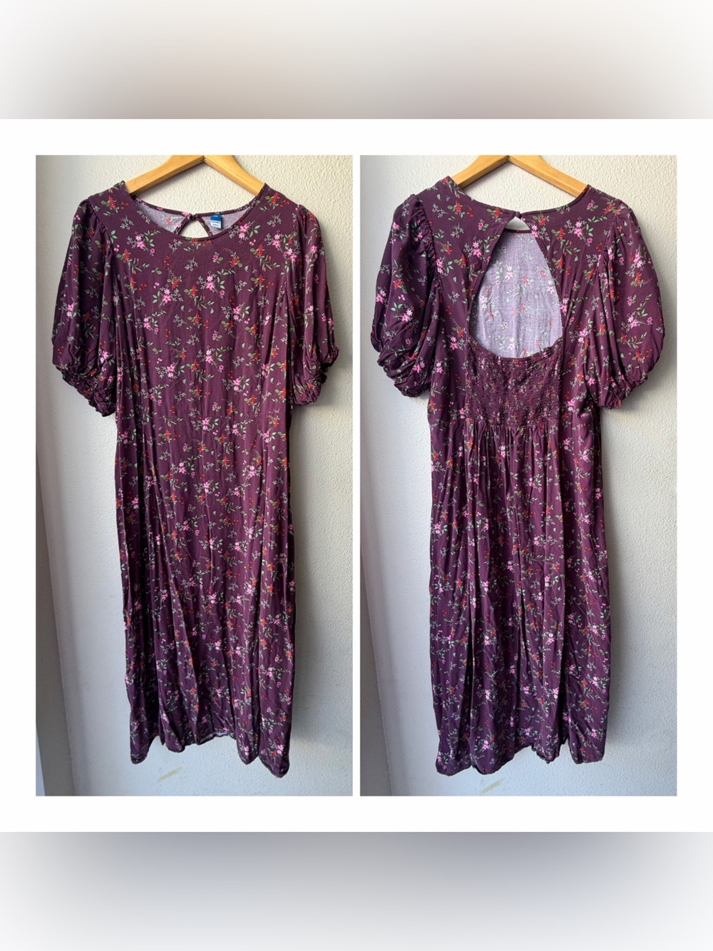 Old Navy Purple Floral Dress with Green Leaf Print XXL Puff Sleeves Cottagecore